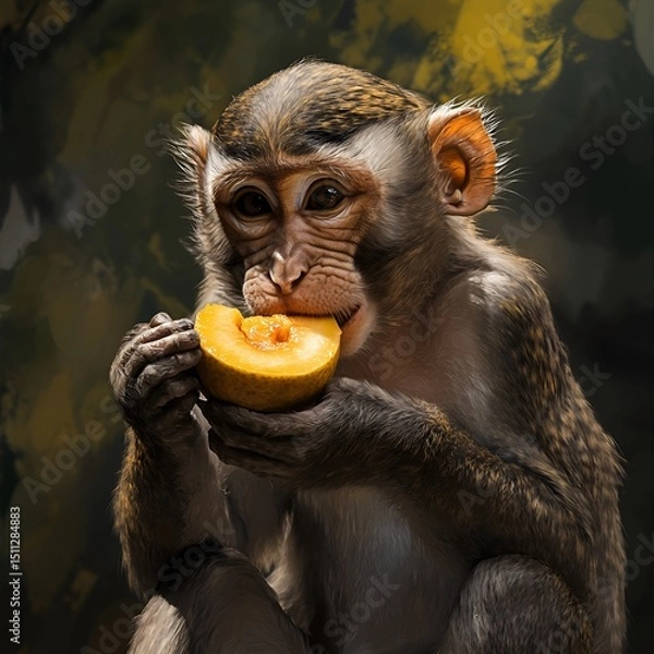 Obraz A monkey enjoying a juicy mango snack.

