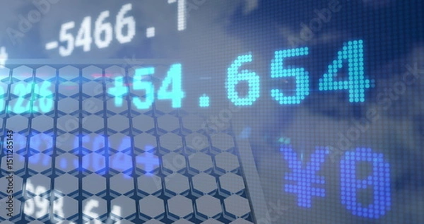 Obraz Image of financial data and graphs over solar panels