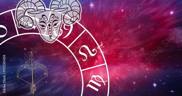 Fototapeta Image of aries over rotating zodiac wheel over cosmos