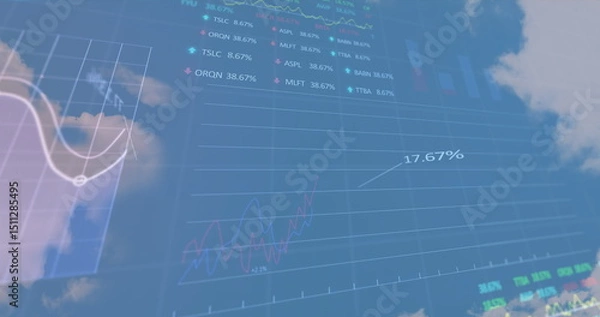 Obraz Stock market data processing against clouds in the sky