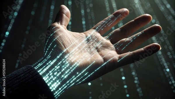 Obraz A hand with digital patterns illuminated against a dark background.