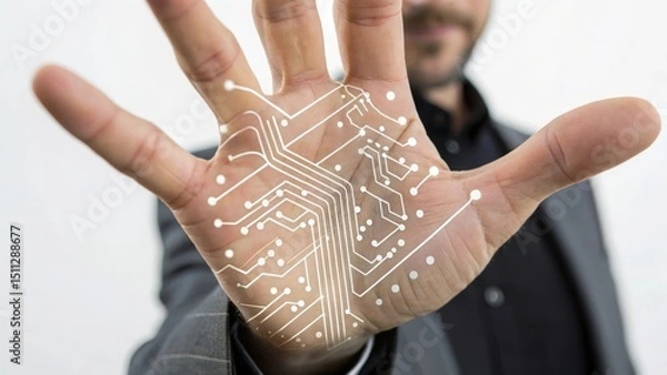 Obraz A hand with electronic circuitry designs, symbolizing technology and innovation.