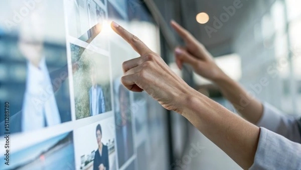 Obraz Two hands interacting with a digital display of images in a modern setting.