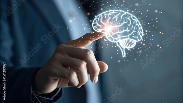 Obraz A hand reaches out to a glowing, digital brain illustration, symbolizing innovation and creativity.