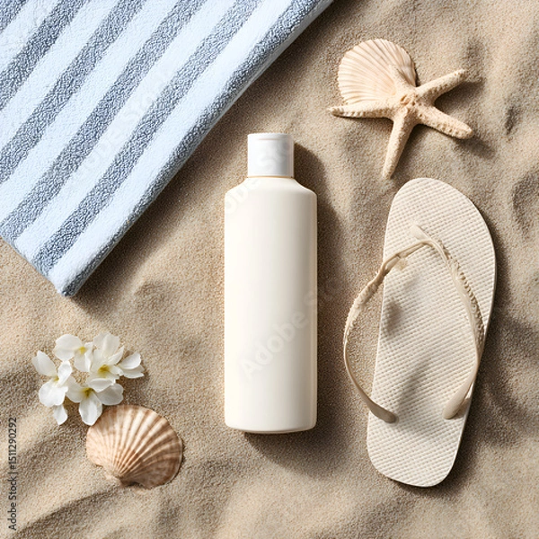 Obraz Summer Beach Essentials: Lightweight Lotion, Sunscreen, and Accessories for Relaxation | Flip-Flops, Towel, Starfish, and Soft Body Care Products by the Ocean