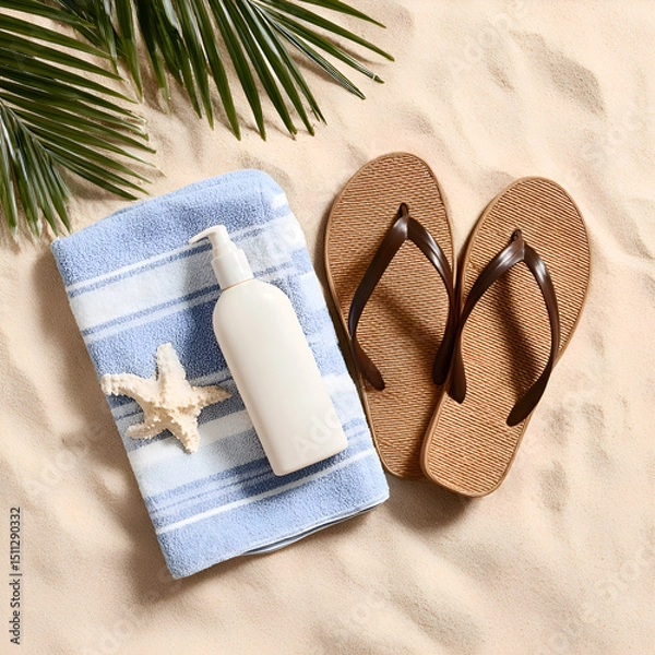 Obraz Tropical Beach Vacation: Essential Accessories for Summer Relaxation with Sandals, Sunscreen, and Towels by the Ocean Shore in Coastal Style, Embrace Warm Weather Vitality and Enjoyment