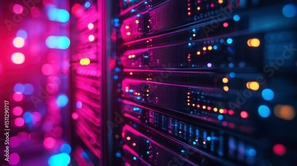 Fototapeta Close-up of blinking lights and cables on high-performance data server, sharp details