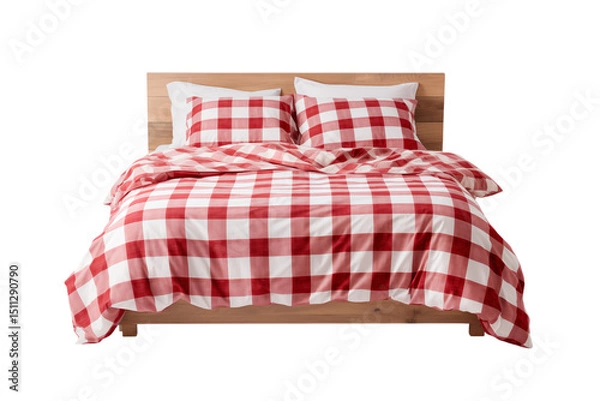 Obraz Red and White Gingham Bedding: Rustic Farmhouse Bedroom Design isolated on transparent background png