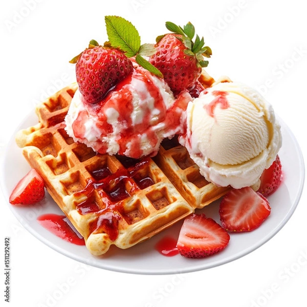 Fototapeta Strawberry waffles whit strawberry sauce and ice cream isolated [Transparent Background PNG]