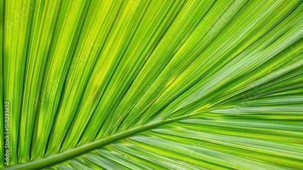 Fototapeta Close up view of a vibrant green palm leaf with detailed veins and textured surface in natural light