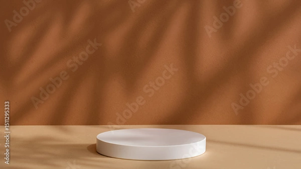 Fototapeta White round podium with dramatic leaf shadows on a rich terracotta background and beige floor, forming a bold yet elegant minimalist presentation scene.