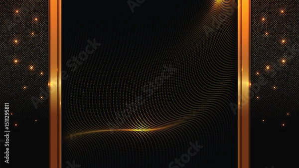 Obraz Abstract black background with golden sparkles border, 1920x1080 HD template for elegant business card, modern banner, poster design, not created by AI, simple wavy flowing lines.