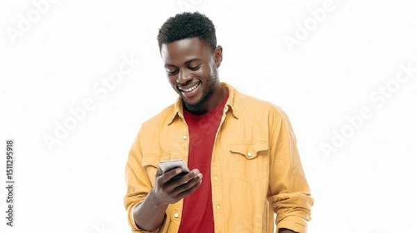Fototapeta Young Man Smiling While Chatting on Smartphone Isolated Background