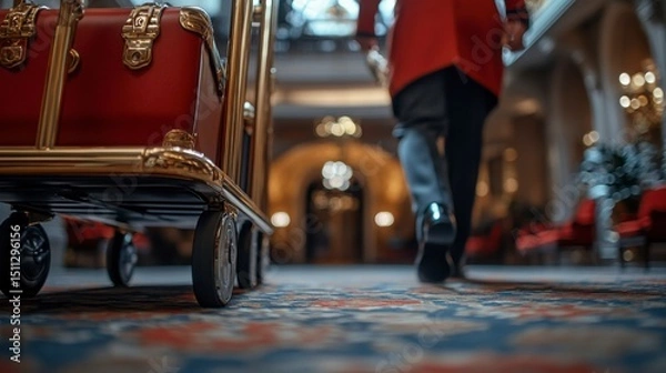 Fototapeta Close-up of bellhop pushing a luggage trolley across a carpeted floor with a golden luggage rack in focus