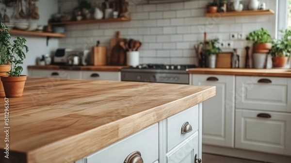 Fototapeta Side view of kitchen with white cabinets, wooden countertop island, and stove in background