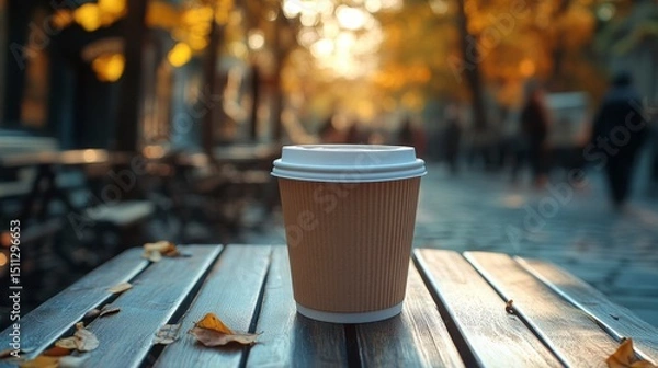 Fototapeta Close-up of coffee cup on outdoor table with blurred background of pedestrians, shallow depth of field