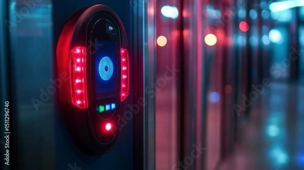 Fototapeta Security access system at entry door with biometric scanner and cooling units humming