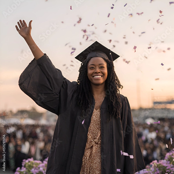 Obraz Celebrating Graduation: Joyful Woman in Cap and Gown at University Ceremony, Achieving a Degree with Pride, Happiness, and Community in a Festive Outdoor Event Full of Success and Optimism