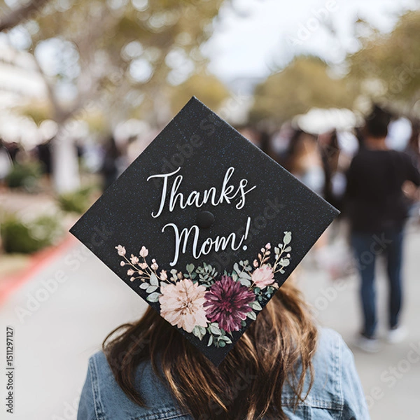 Obraz Celebrating Graduation Day: A Stylish Outdoor Ceremony with Joyful Students, Loving Family, Floral Decorations, and Heartfelt Appreciation for Mother's Support in Achieving Milestones