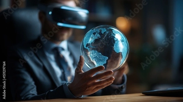 Fototapeta Businessman in Dark Office Using Holographic Technology in Virtual Reality
