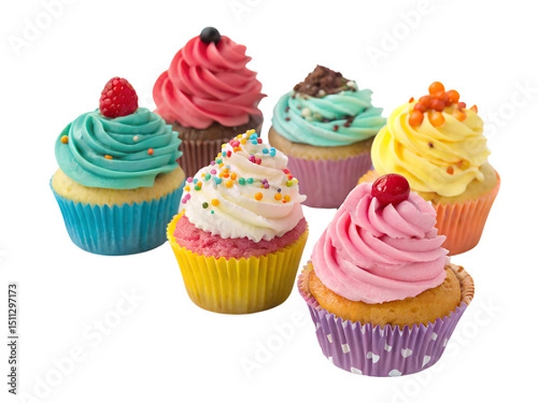 Obraz Assortment of Multicolored Cupcakes with Frosting Isolated on transparent background, Isolated Png file, Cut-out, Isolate Png, No Background, Isolated object