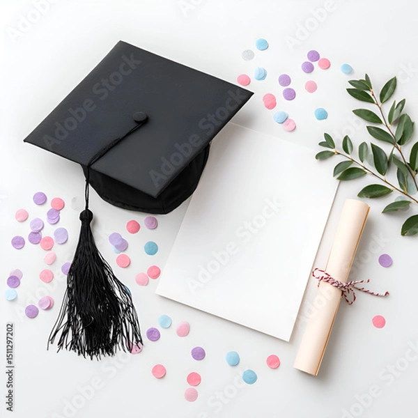 Obraz Celebrating Graduation Day: Colors, Cap and Tassel, Diploma and Certificate with Festive Confetti, Design Layout Essentials for Success and New Beginnings, Symbol of Achievement and Tradition