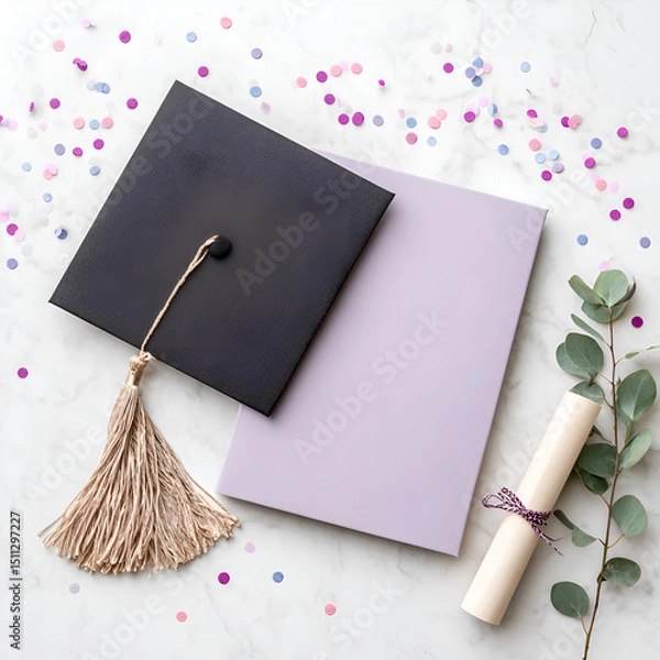 Obraz Elegant Graduation Day Celebration: Cap, Diploma, and Tassel Achievements with Eucalyptus Confetti on a Marble Table - Inspiring Memories and Milestones in Education and Success