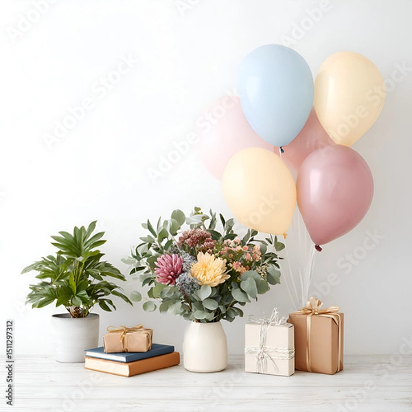 Obraz Joyful Pastel Balloon and Flower Arrangements for Festive Celebrations: Elegant Indoor Décor Ideas for Birthdays, Parties, and Special Events with Colorful Gifts, Cozy Home Vibes, and Artistic