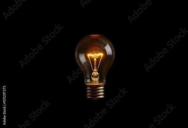 Fototapeta A single incandescent light bulb glows brightly against a stark black background,   shadow,  idea