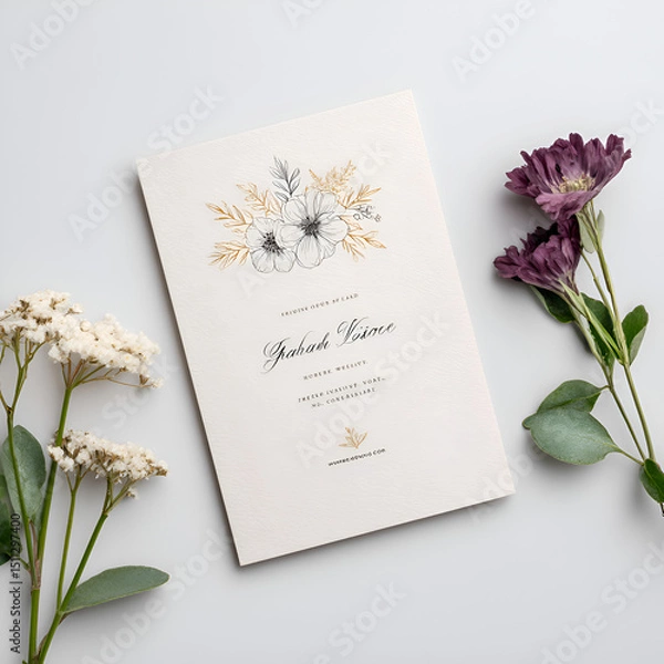 Obraz Elegant Floral Wedding Invitation Design: Beautiful Typography, Pastel Colors, Modern Aesthetic, Chic Details for Your Celebration with Greenery, Roses, Peonies, and Stylish Layout for Love and