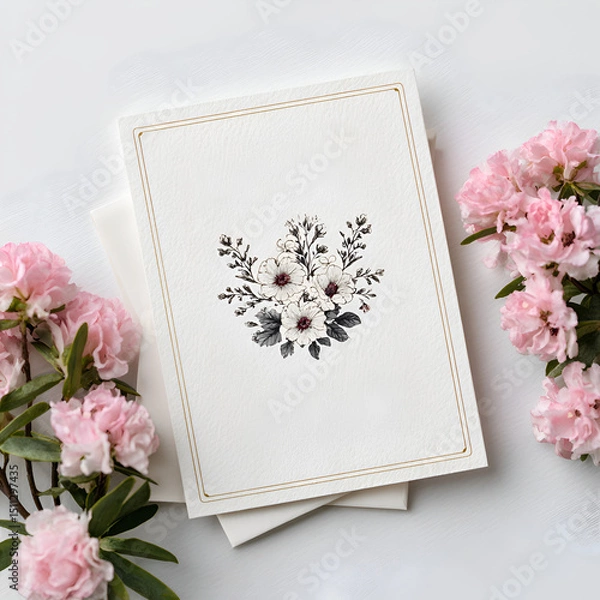 Obraz Elegant Floral Greeting Card Illustration with Pink and White Blossoms, Romantic Design for Spring Celebrations, Minimalist Aesthetic, Charming Handcrafted Stationery, Decorative Art for Nature Lovers