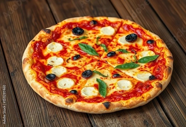 Fototapeta A rustic wooden table displays a homemade pizza, still warm and slightly charred, margherita, crispy