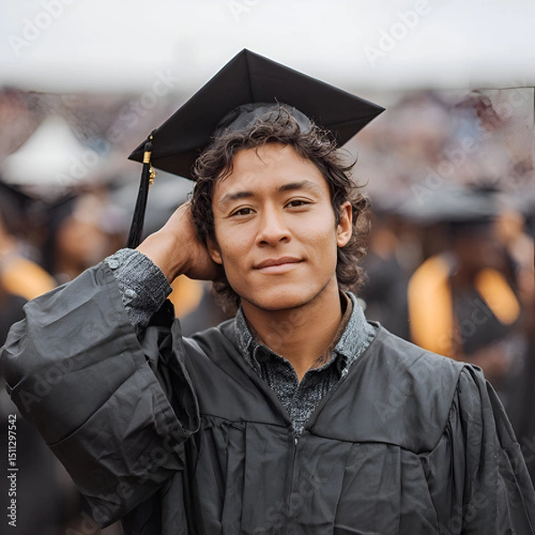 Obraz Celebrating Graduation Day: A Happy Young Man in Cap and Gown Posing Confidently Outdoors with Family and Friends, Capturing Milestones, Achievements, and Joy in a Memorable Ceremony