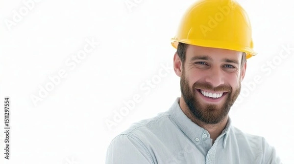 Fototapeta Smiling Engineer in Hardhat with White Background