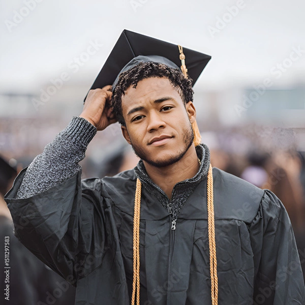 Obraz Celebrating Graduation Day: A Joyful Outdoor Ceremony with Young Male Graduates in Caps and Gowns, Achieving Milestones and Creating Lasting Memories of Pride and Success