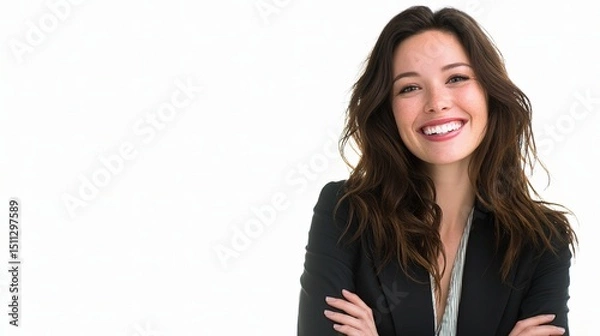 Fototapeta Cheerful Brunette Model in Business Attire Smiling Against White Background
