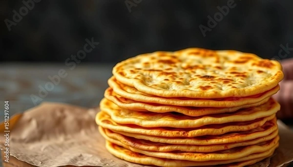 Fototapeta A neatly stacked pile of golden-brown Indian flatbreads, soft and slightly puffy,   flaky,  still life