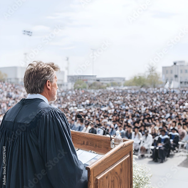 Obraz Celebrating Achievement: Graduation Ceremony Highlights with Joyful Graduates in Robes, Hats, and Inspiring Speeches at an Outdoor Venue Full of Pride and Community Unity