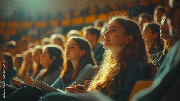 Fototapeta Side angle showing multiple rows of students listening to a technical lecture, academic ambiance