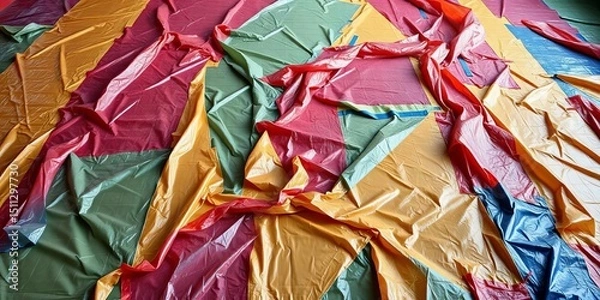 Fototapeta A floor entirely covered with a crumpled, multicolored plastic tarp, surface, background