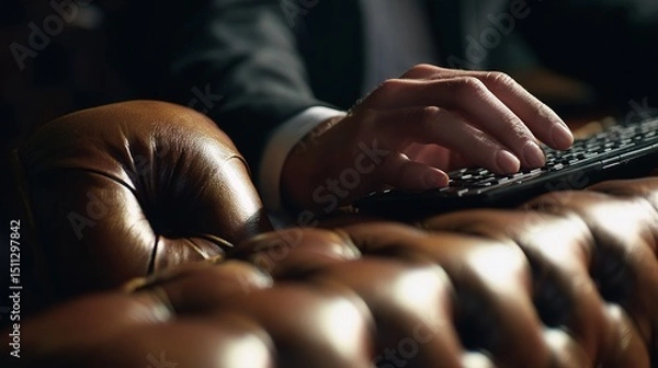 Fototapeta Executive in Leather Office Chair Typing on Keyboard with Backlight