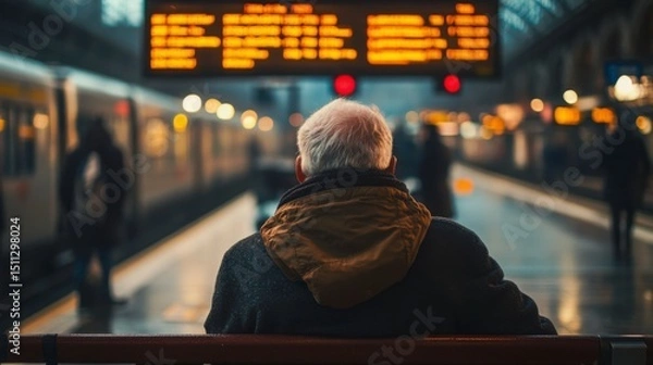 Fototapeta Elderly person sitting on bench with train schedule screen overhead, storytelling mood