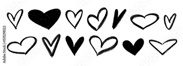 Obraz Black crayon hand drawn hearts set. Childish doodled heart collection. Grunge rough brush stroke romance love element pack for collage, poster, sticker. Sketched wax pencil symbols. Vector