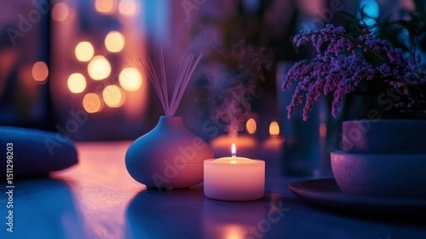 Fototapeta Nighttime spa scene with glowing aromatherapy diffusers, ambient shadows, deeply calming setting