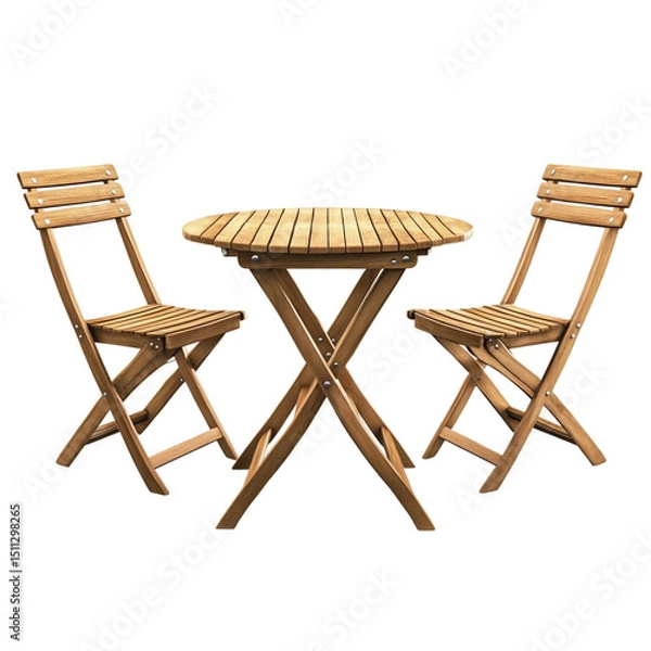 Fototapeta Table and Chairs Placement at Outdoor Patio. A wooden table and two chairs are positioned next to each other on an outdoor patio. on a White or Clear Surface [Transparent Background PNG]