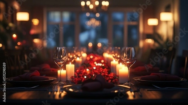 Fototapeta Table set with wine glasses, candles, and folded napkins in a high-end dining room, soft spotlight
