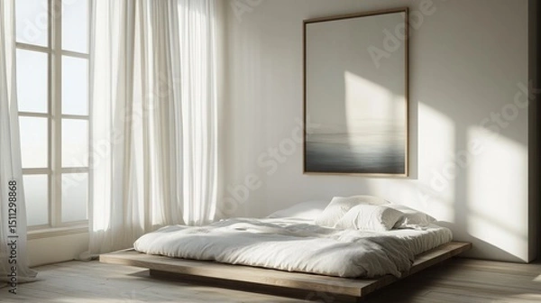 Fototapeta Minimalist bedroom with white walls, low-profile bed, soft linens, and single abstract painting, daylight coming through sheer curtains