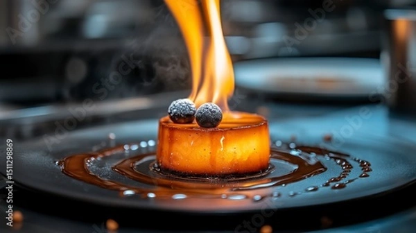 Fototapeta Chef torching a dessert at the plating counter, flames visible, artistic composition