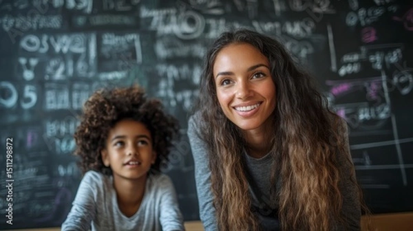 Fototapeta Teacher leaning over to help a student, blackboard with math equations in the background, natural lighting