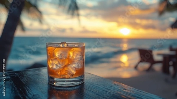 Fototapeta Close-up of cocktail glass on table with ocean in background, blurred tropical vibe